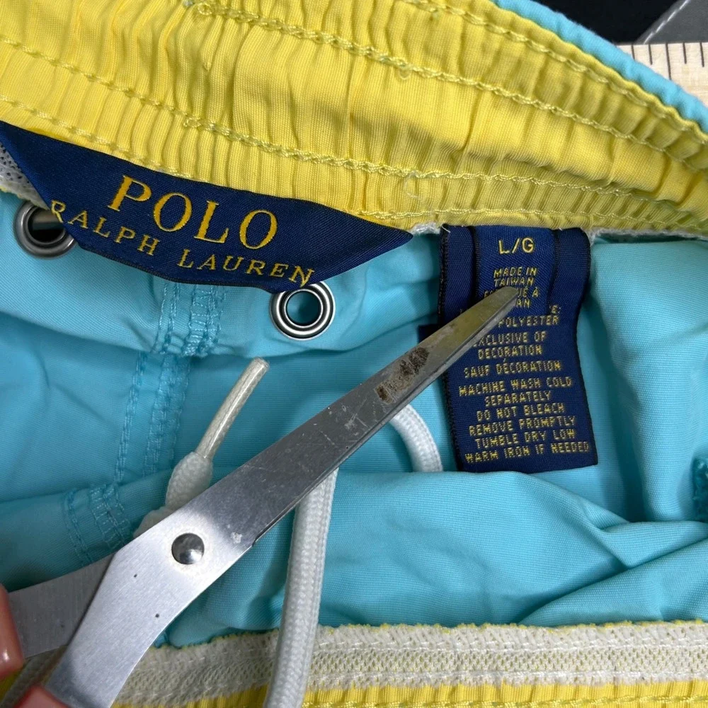 Polo Ralph Lauren Swim Trunks Mens L Blue Aqua Yellow Pony Logo Preppy *no liner